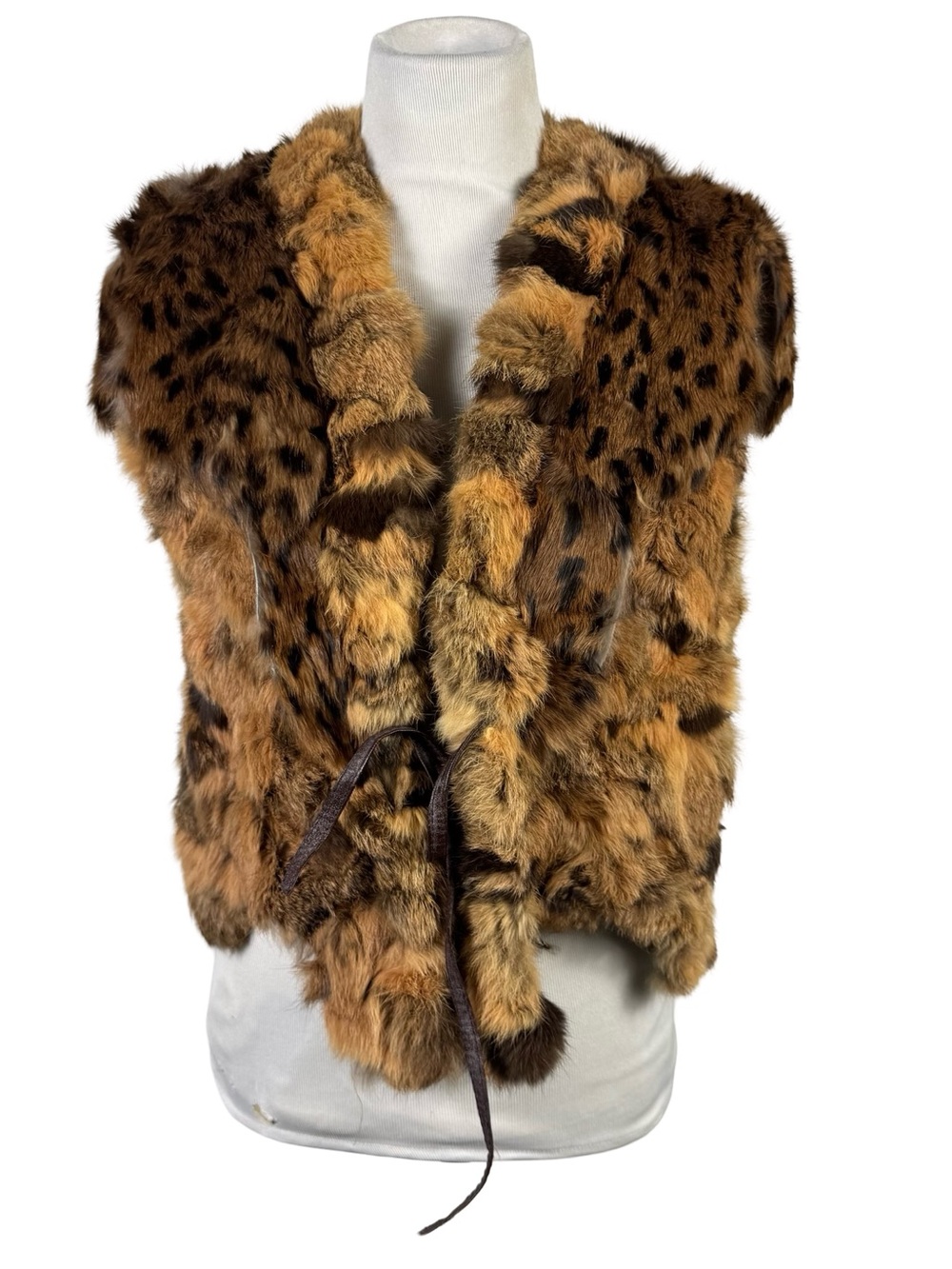 Vintage 80s Genuine Rabbit Fur Cape Vest Womens M Leopard Brown Patchwork Boho